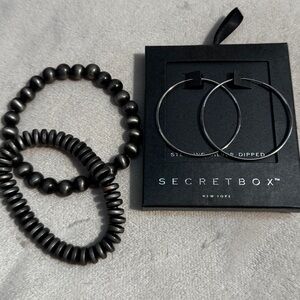 Sterling Silver Hoop Earrings and Black Bracelets Set